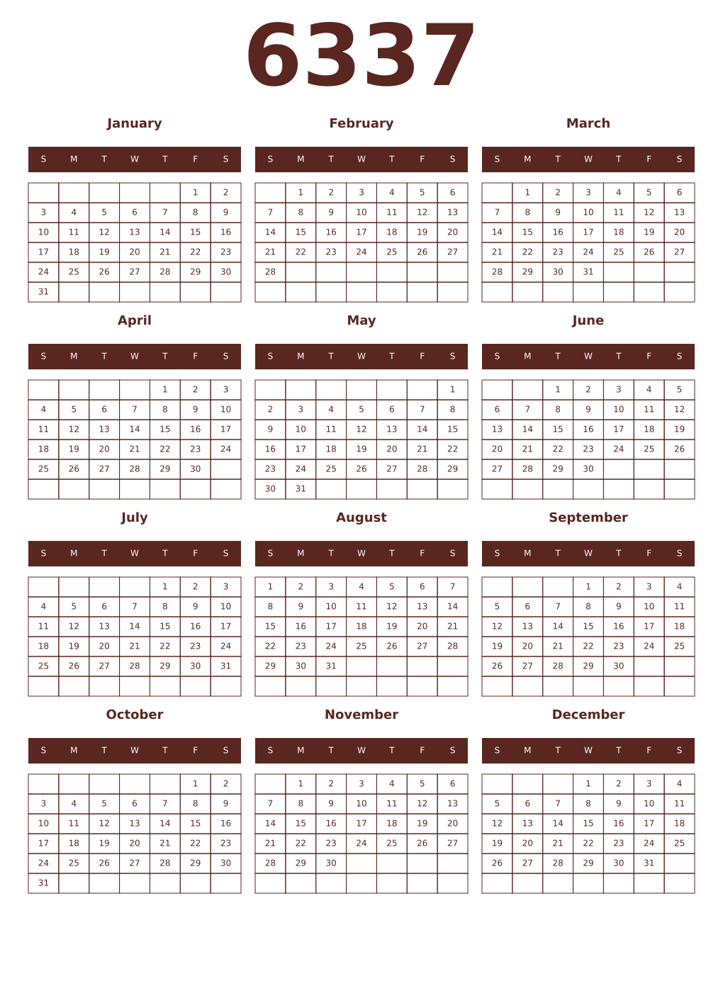 Printable 6337 Year Calendars mortuum
