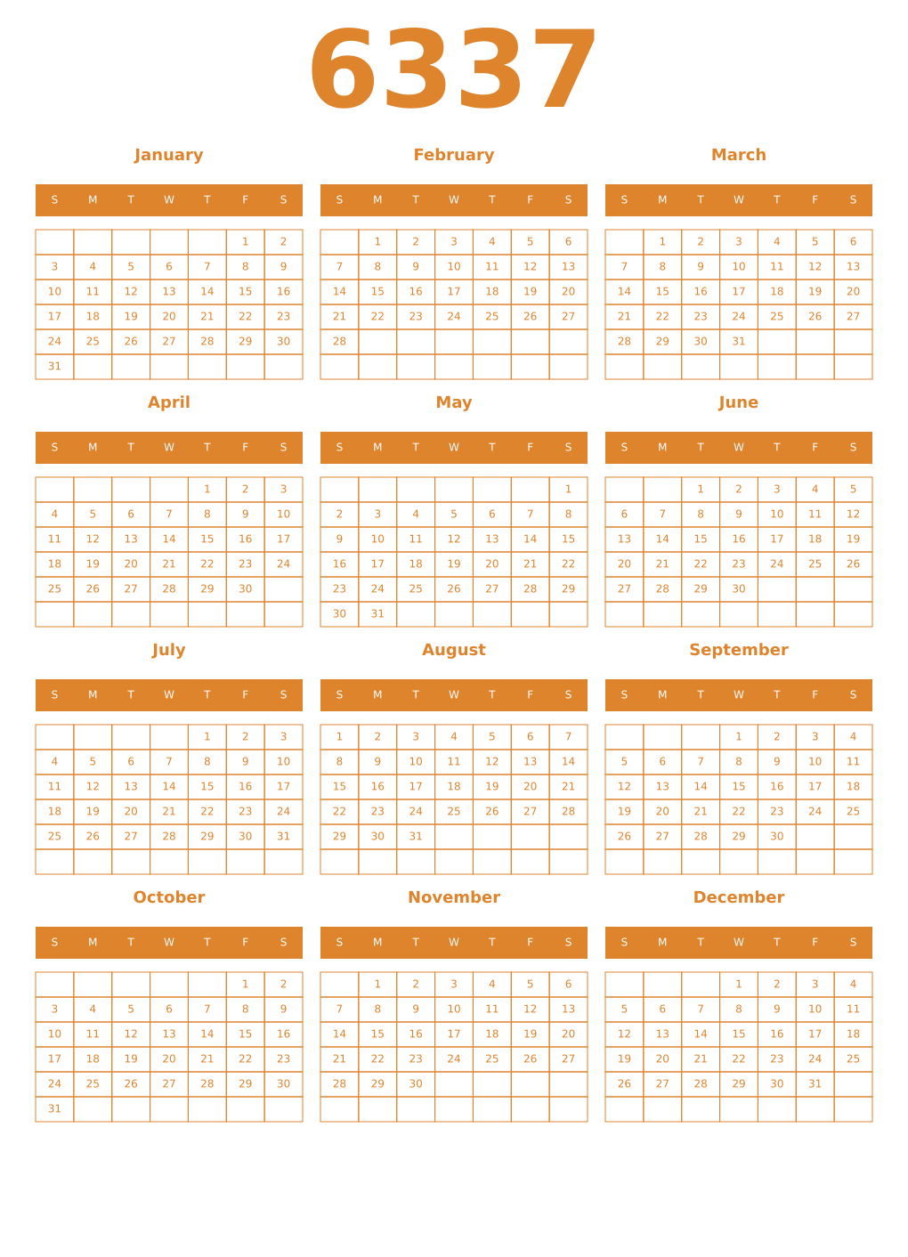 Printable 6337 Year Calendars orange