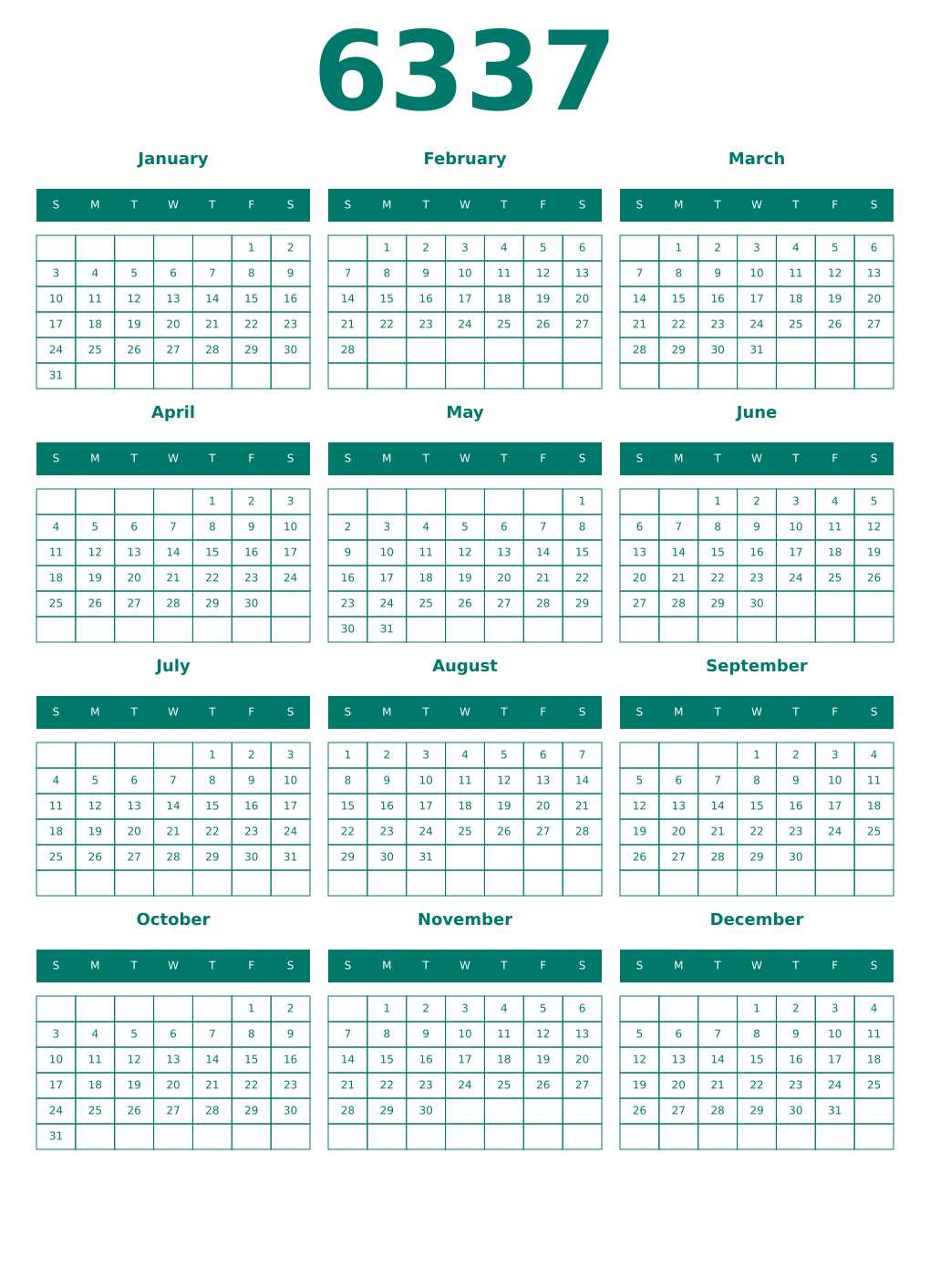 Printable 6337 Year Calendars pastel