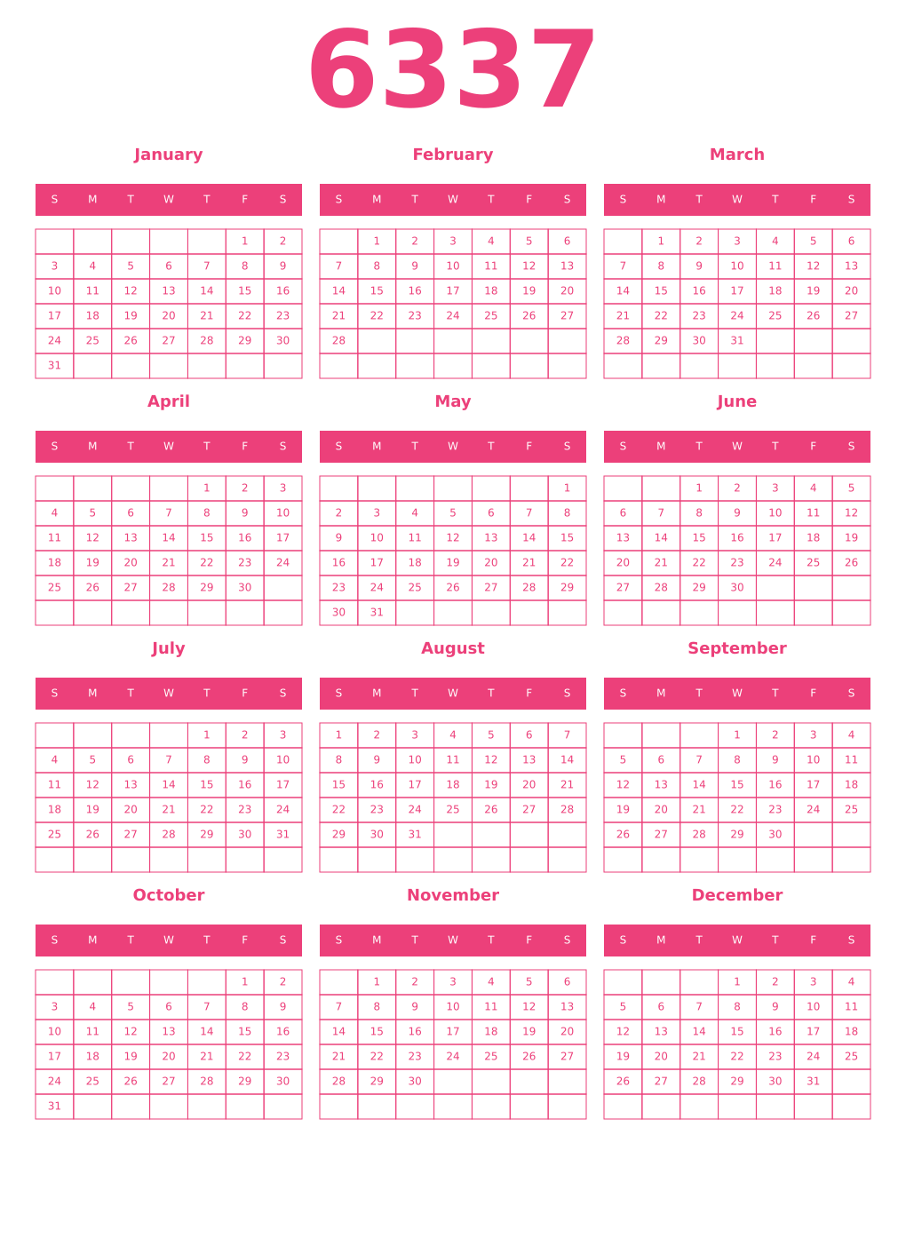 Printable 6337 Year Calendars pink