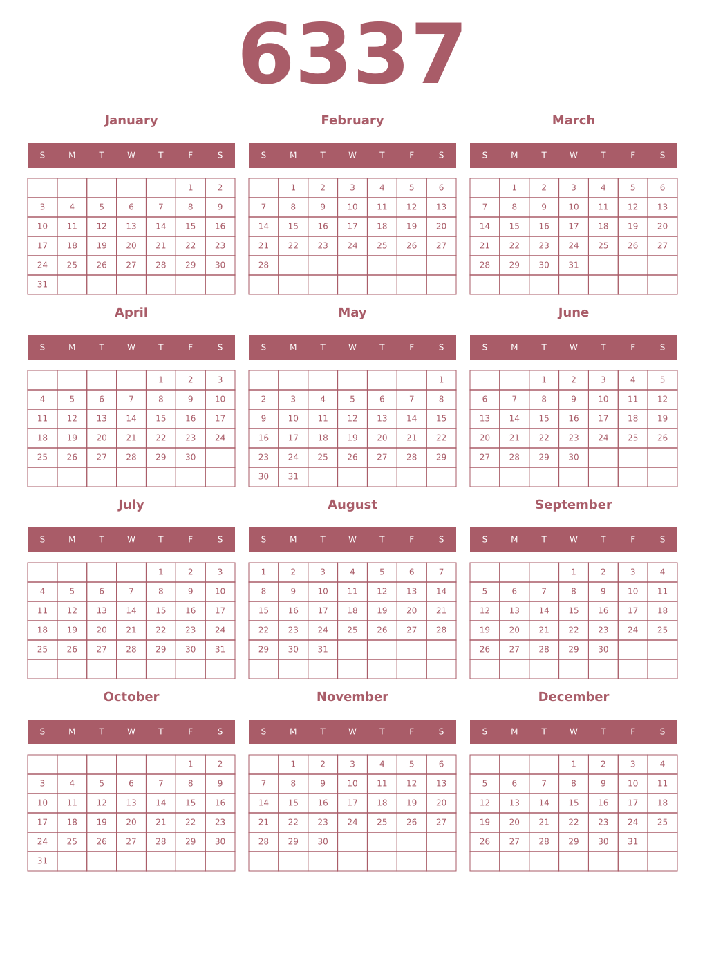 Printable 6337 Year Calendars puce