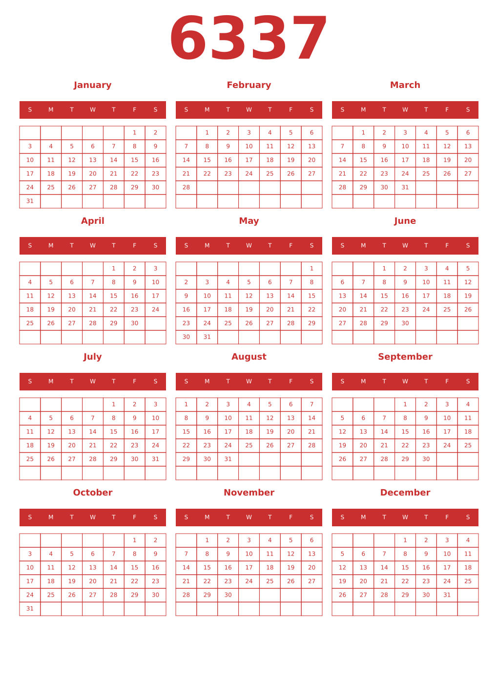 Printable 6337 Year Calendars red
