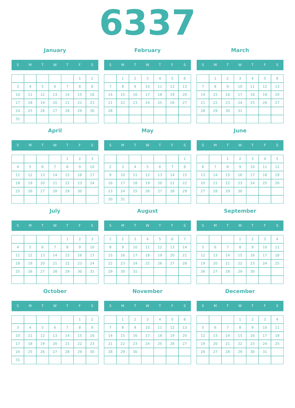 Printable 6337 Year Calendars verdigris