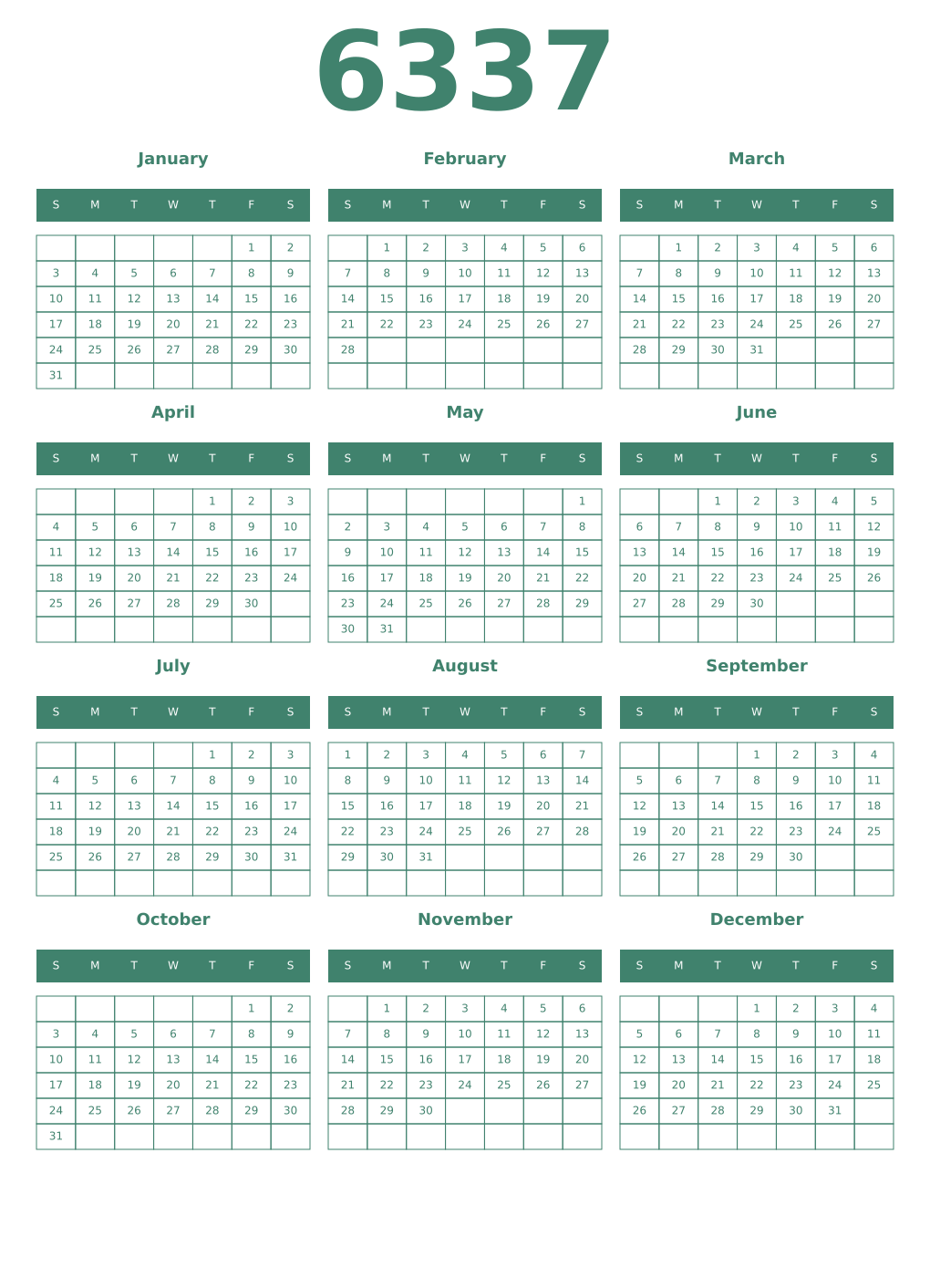 Printable 6337 Year Calendars viridian