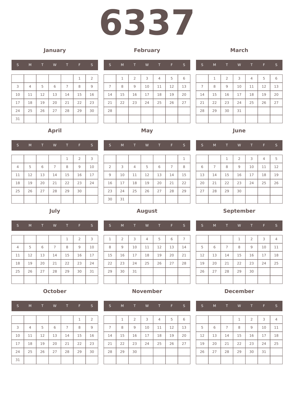 Printable 6337 Year Calendars wenge