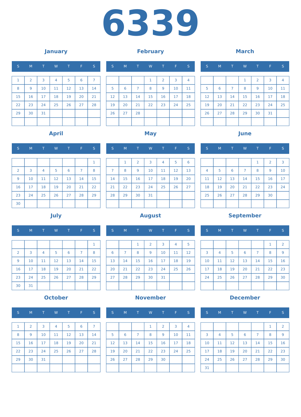 Printable 6339 Year Calendars blue