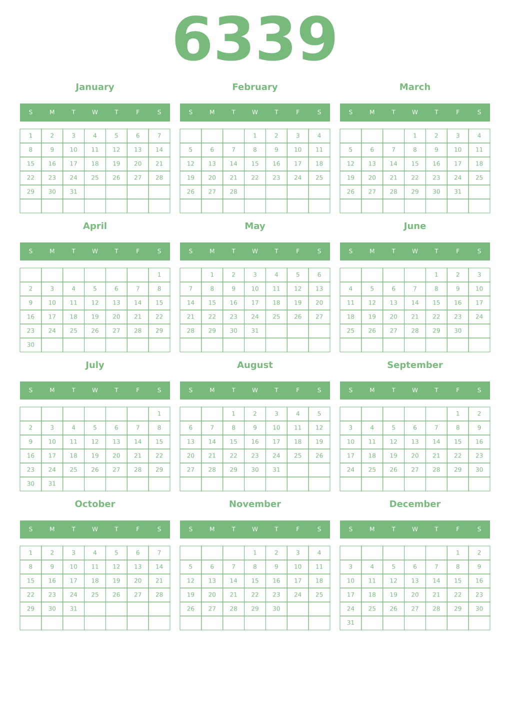 Printable 6339 Year Calendars celadon