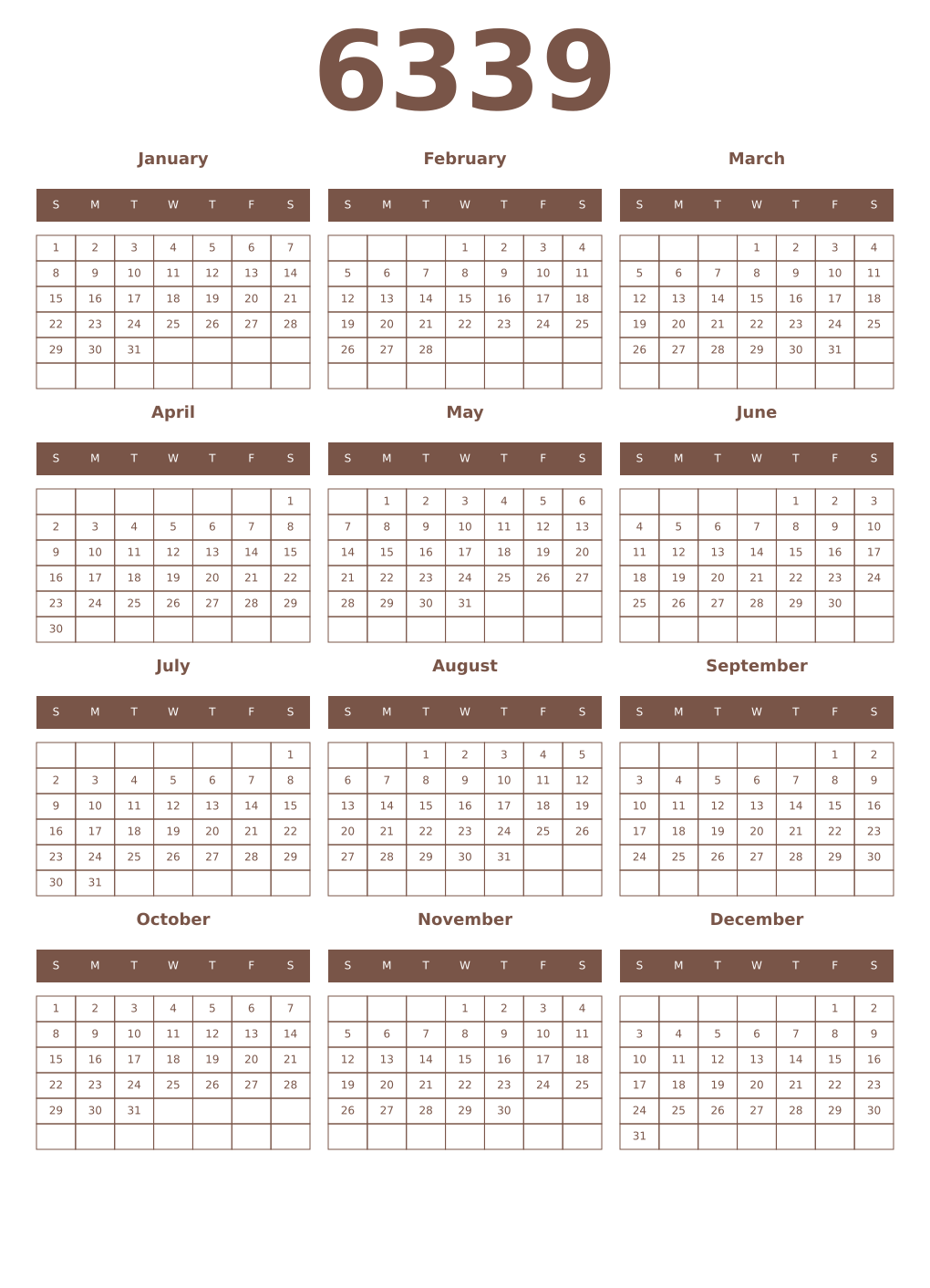 Printable 6339 Year Calendars coffe