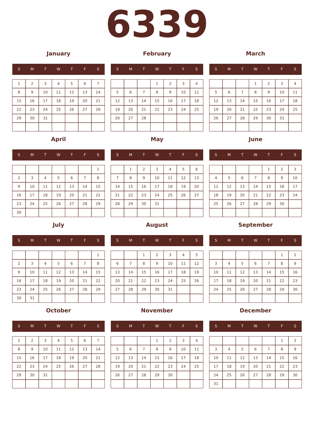 Printable 6339 Year Calendars mortuum