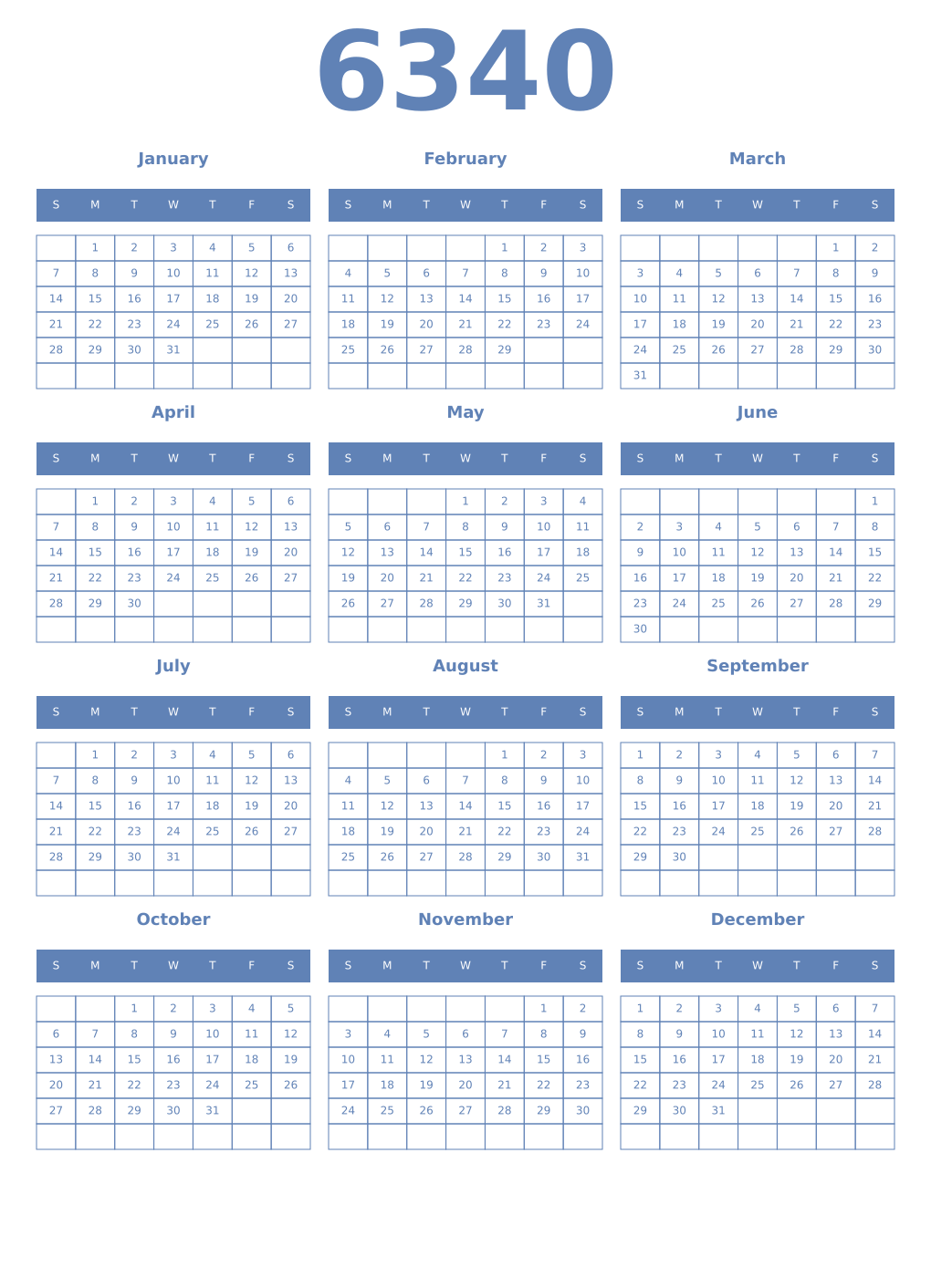 Printable 6340 Year Calendars glaucous