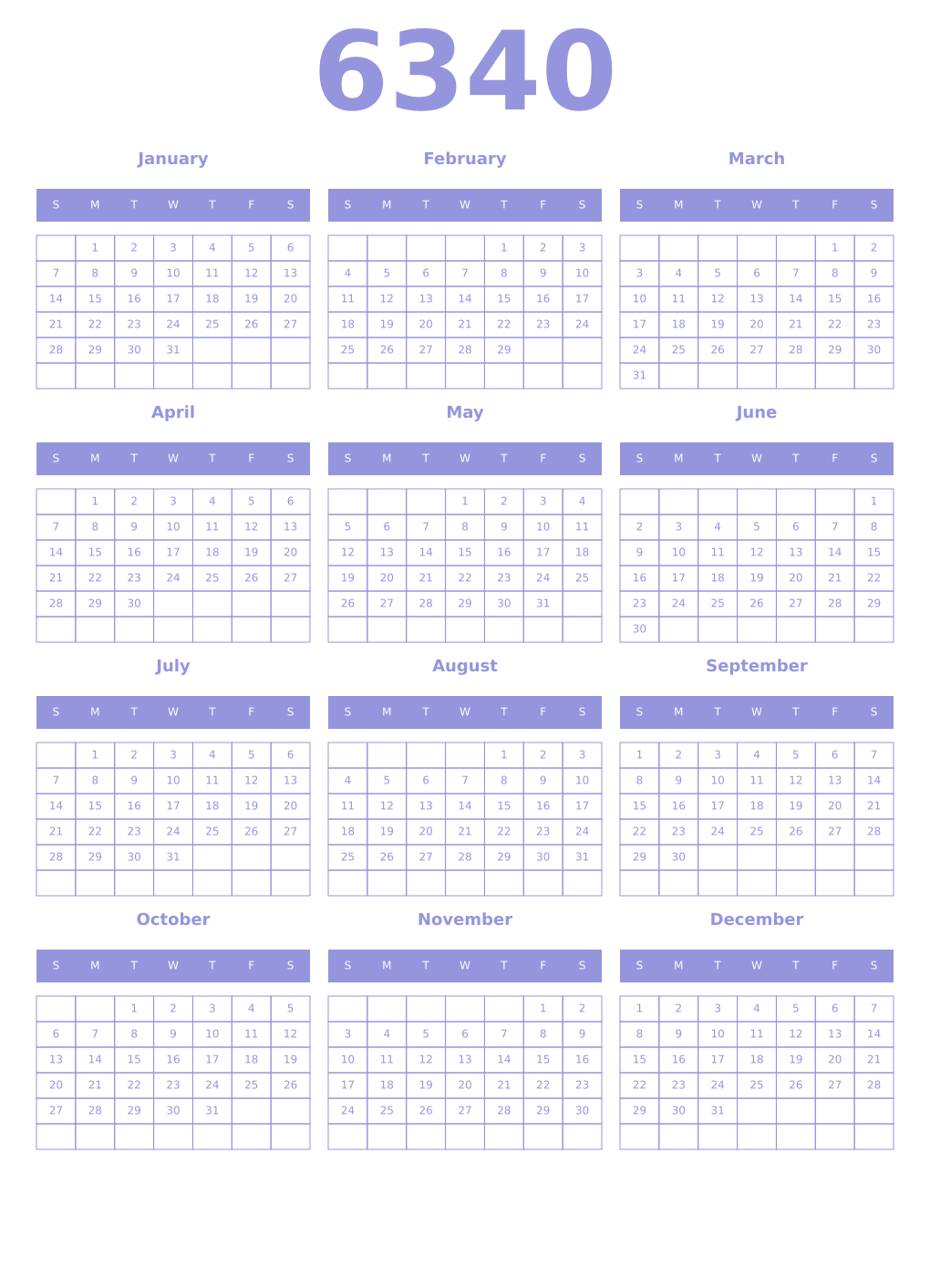 Printable 6340 Year Calendars periwinkle