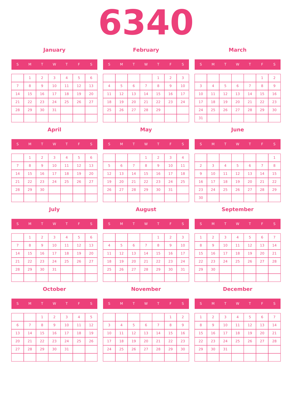 Printable 6340 Year Calendars pink