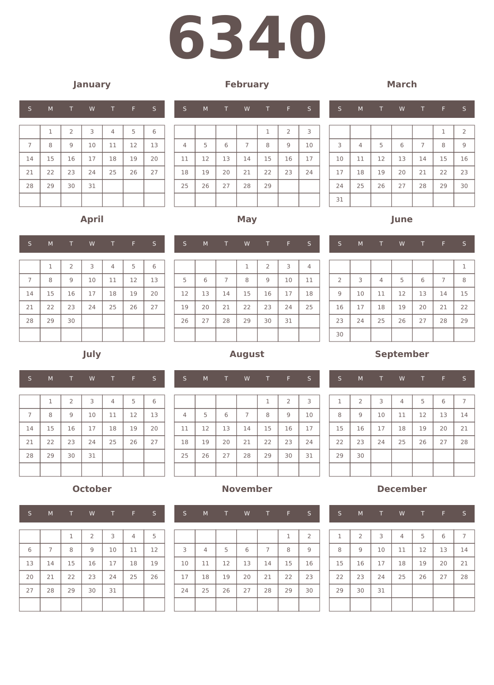 Printable 6340 Year Calendars wenge