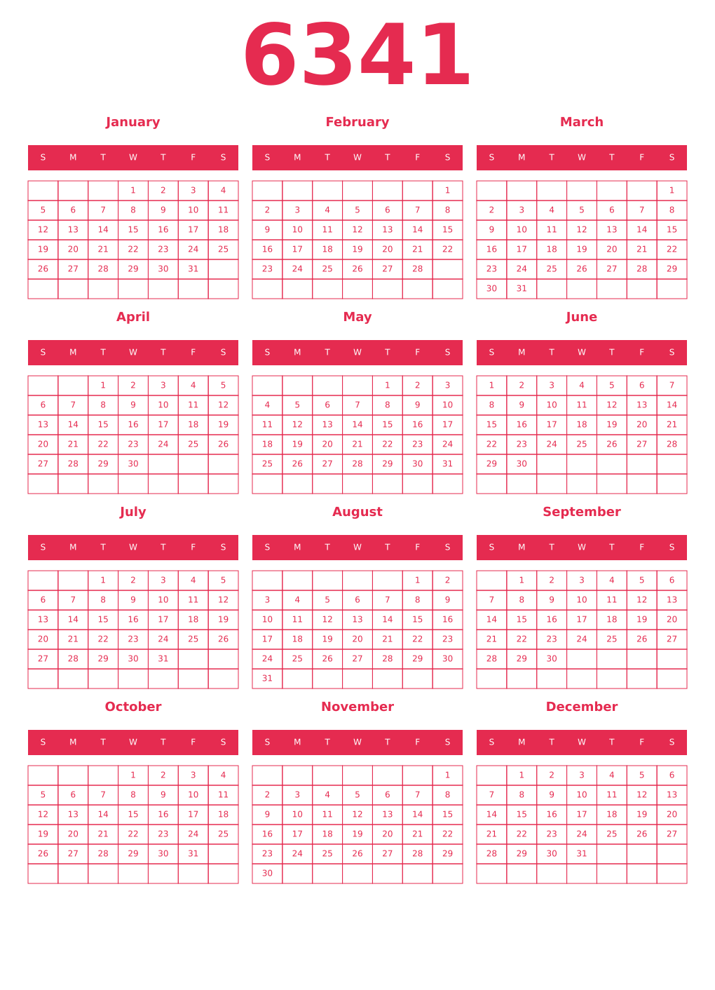 Printable 6341 Year Calendars amaranth