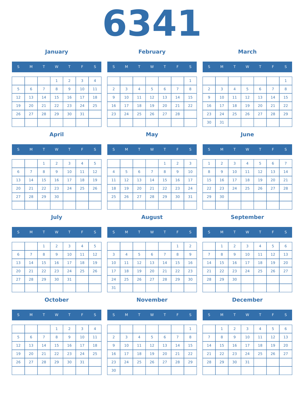 Printable 6341 Year Calendars blue