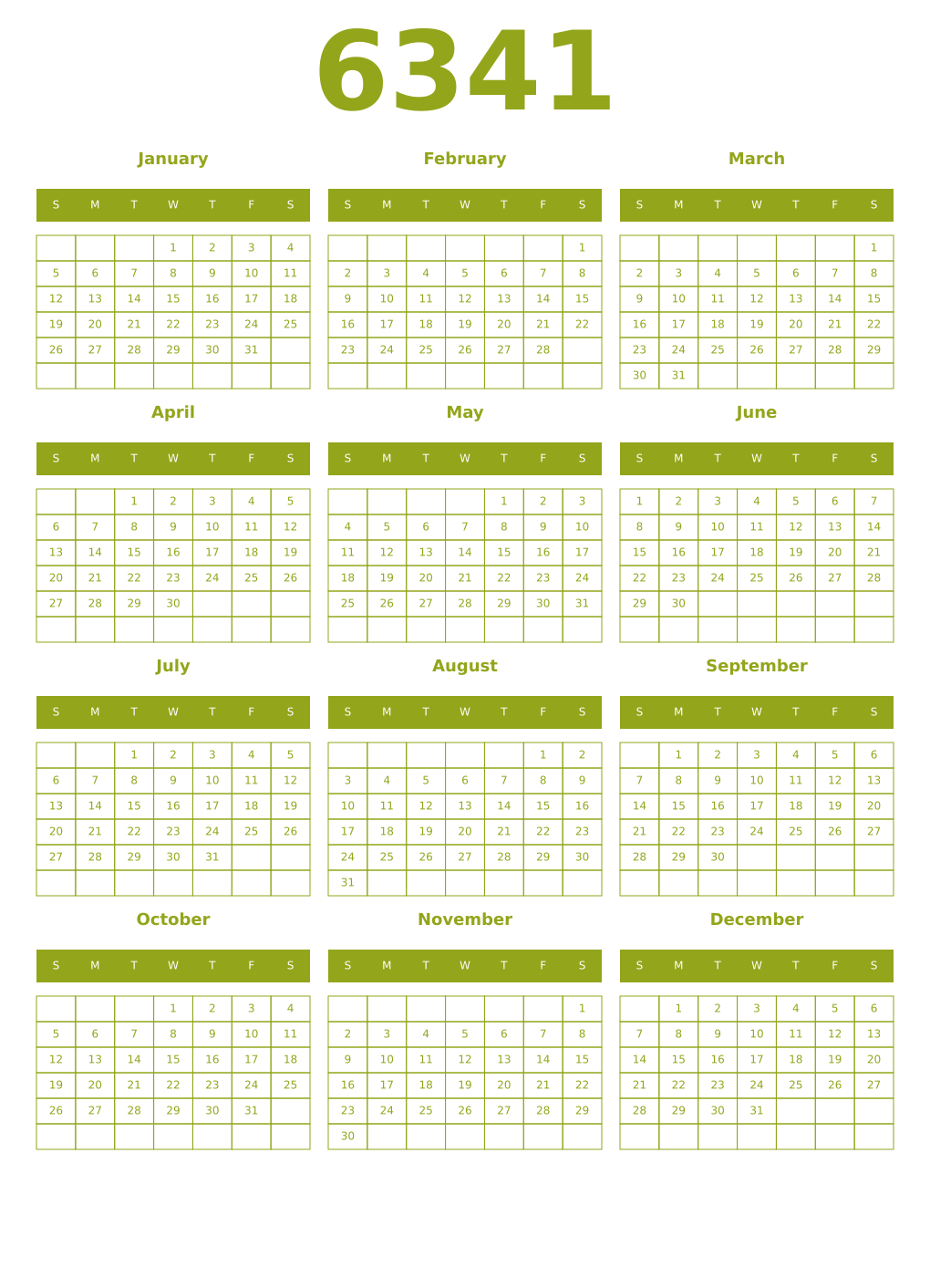 Printable 6341 Year Calendars chartreuse
