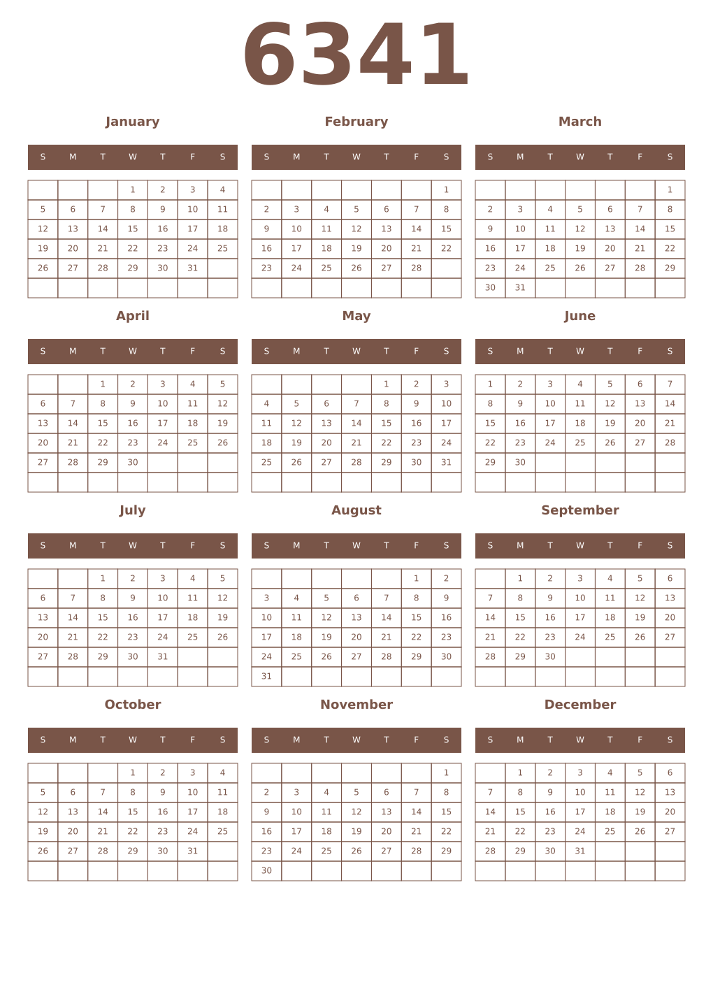 Printable 6341 Year Calendars coffe