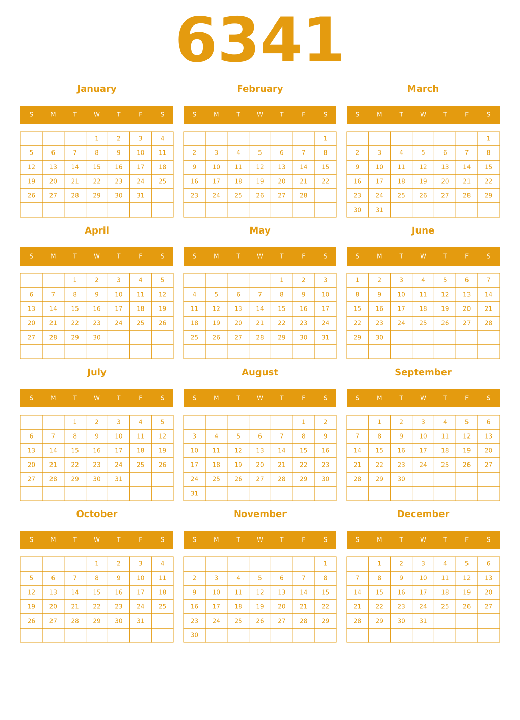 Printable 6341 Year Calendars gamboge