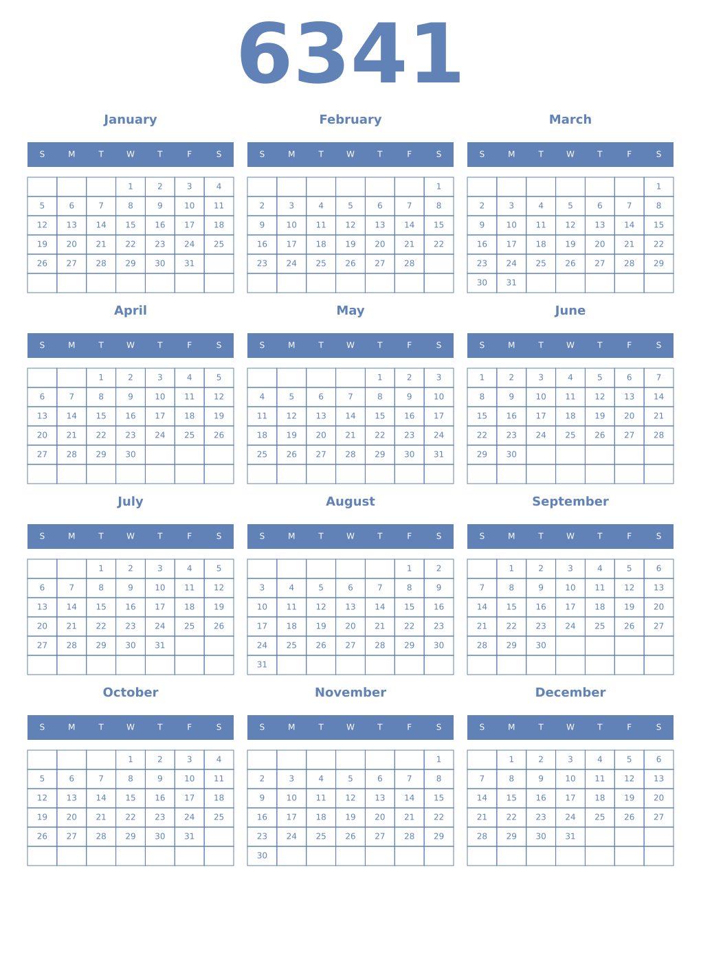 Printable 6341 Year Calendars glaucous