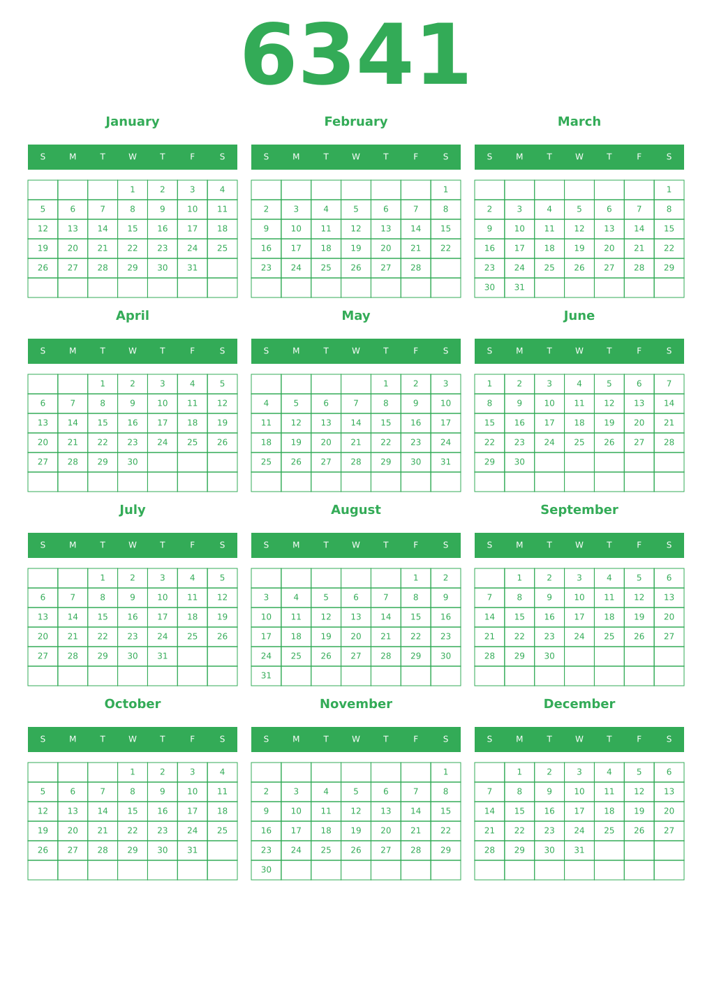 Printable 6341 Year Calendars green