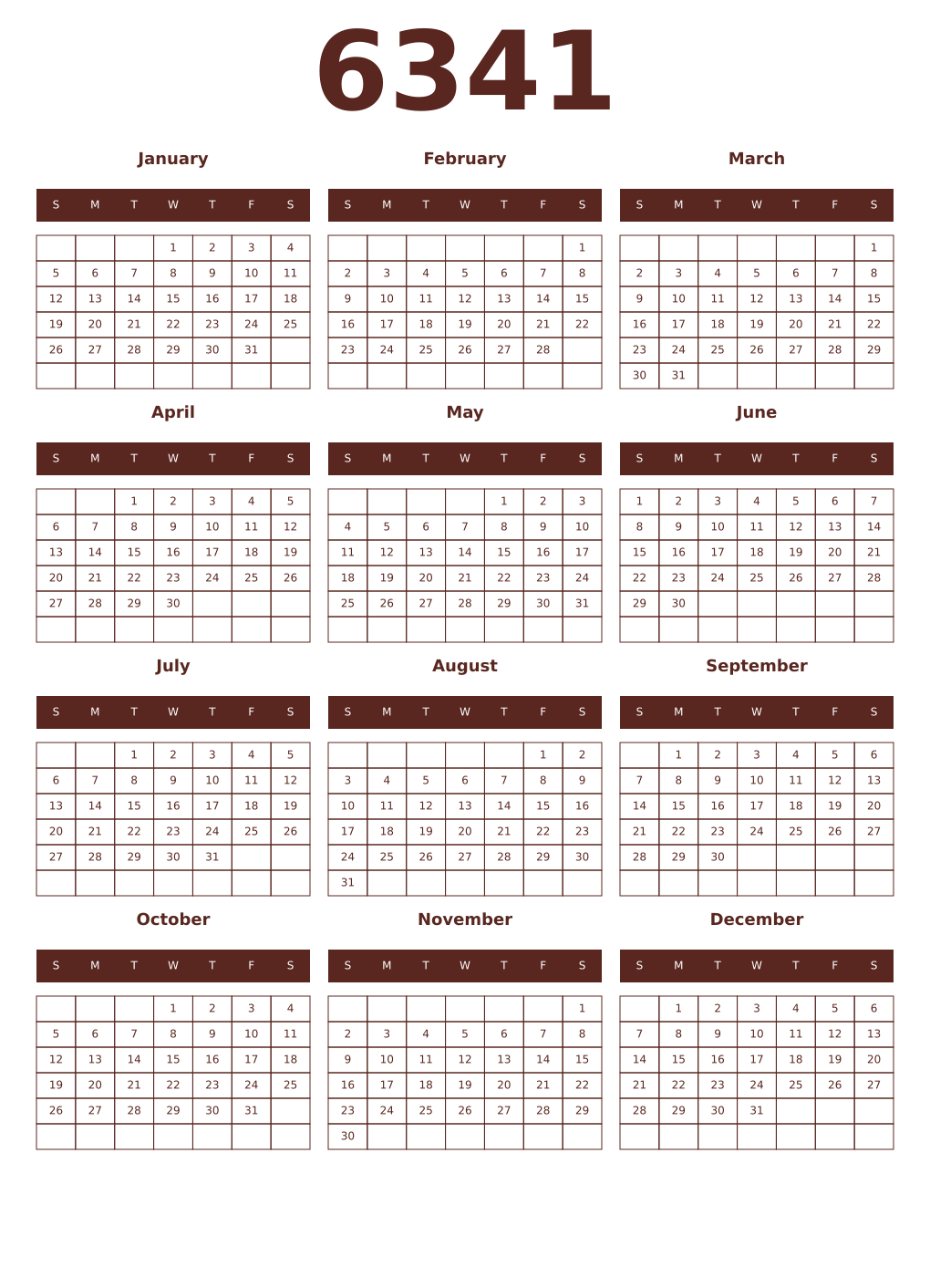 Printable 6341 Year Calendars mortuum