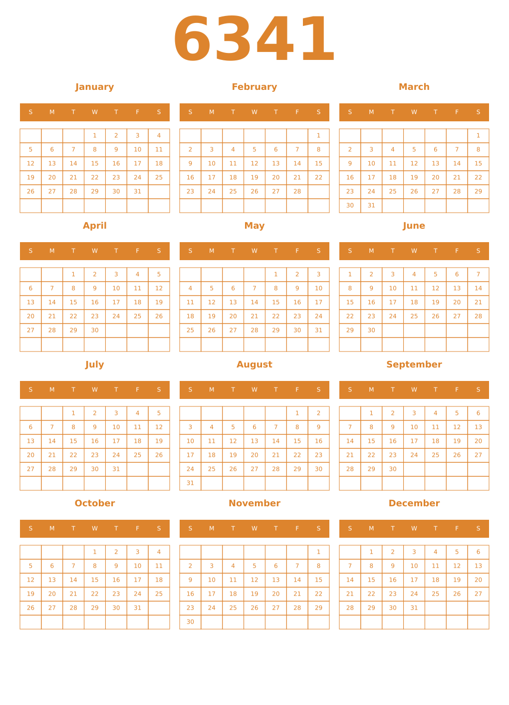 Printable 6341 Year Calendars orange