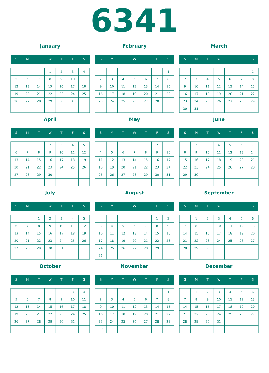 Printable 6341 Year Calendars pastel