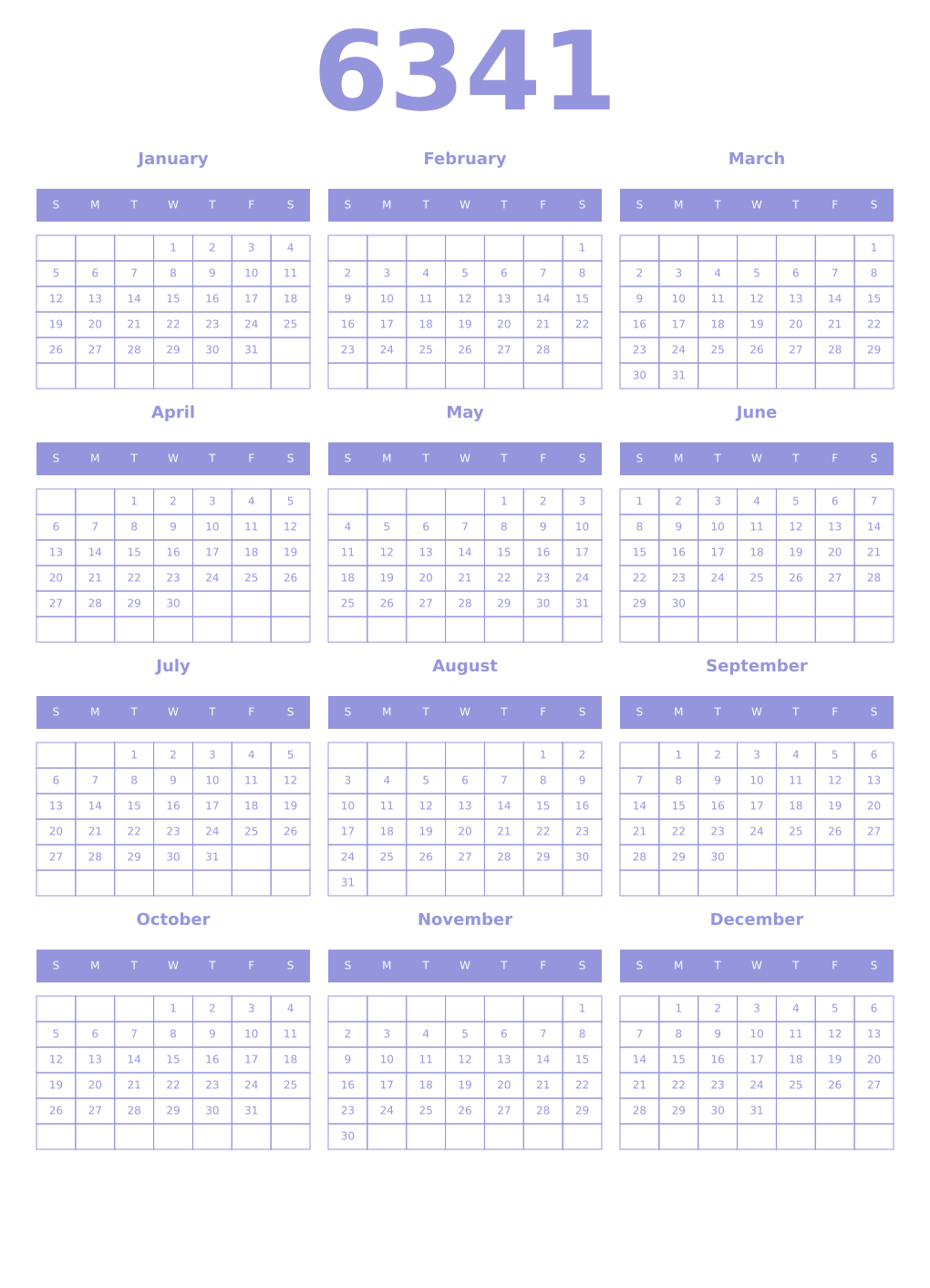 Printable 6341 Year Calendars periwinkle