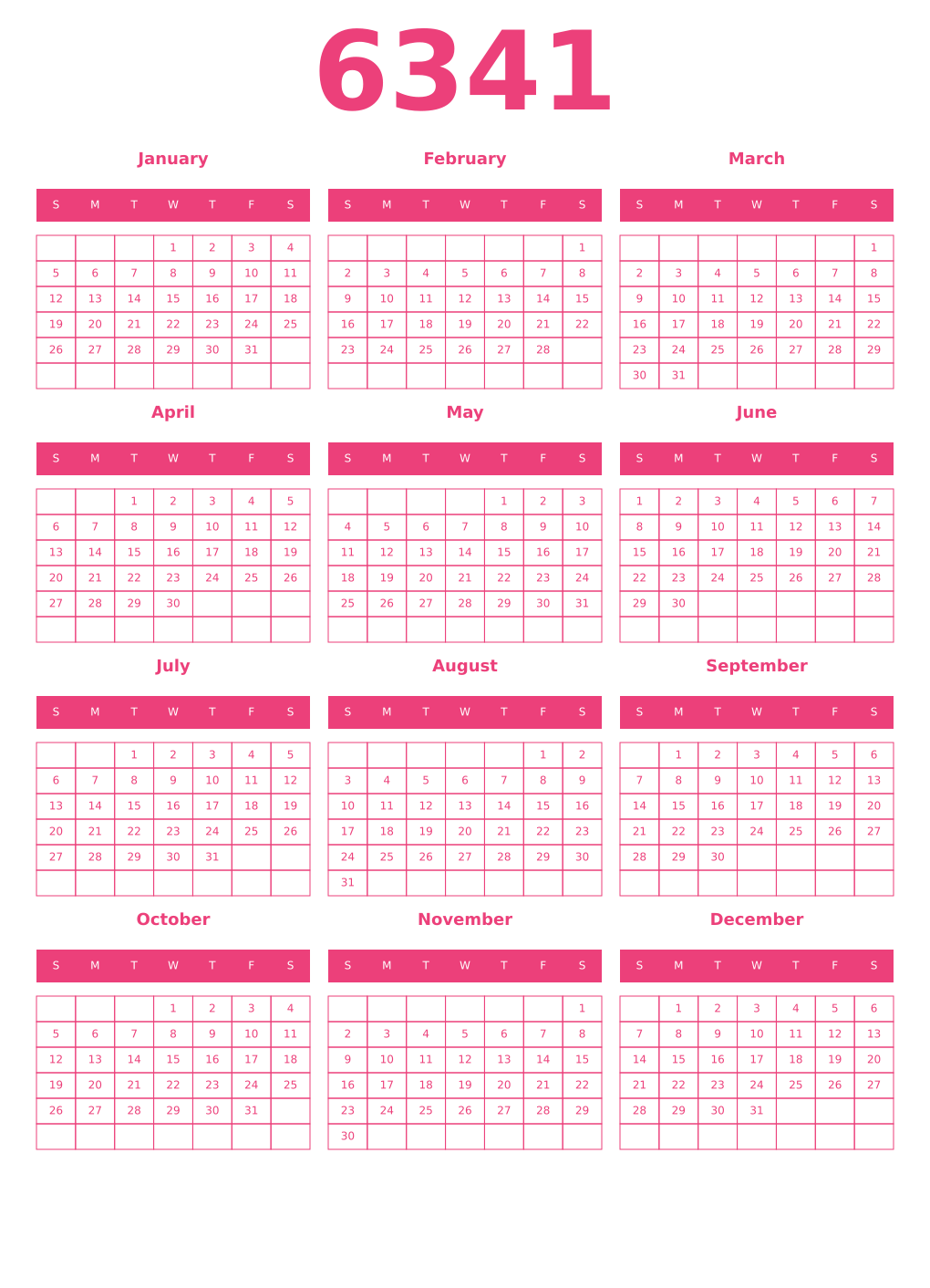Printable 6341 Year Calendars pink