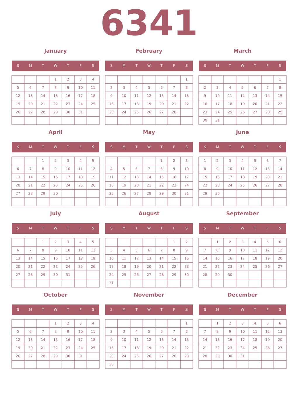 Printable 6341 Year Calendars puce