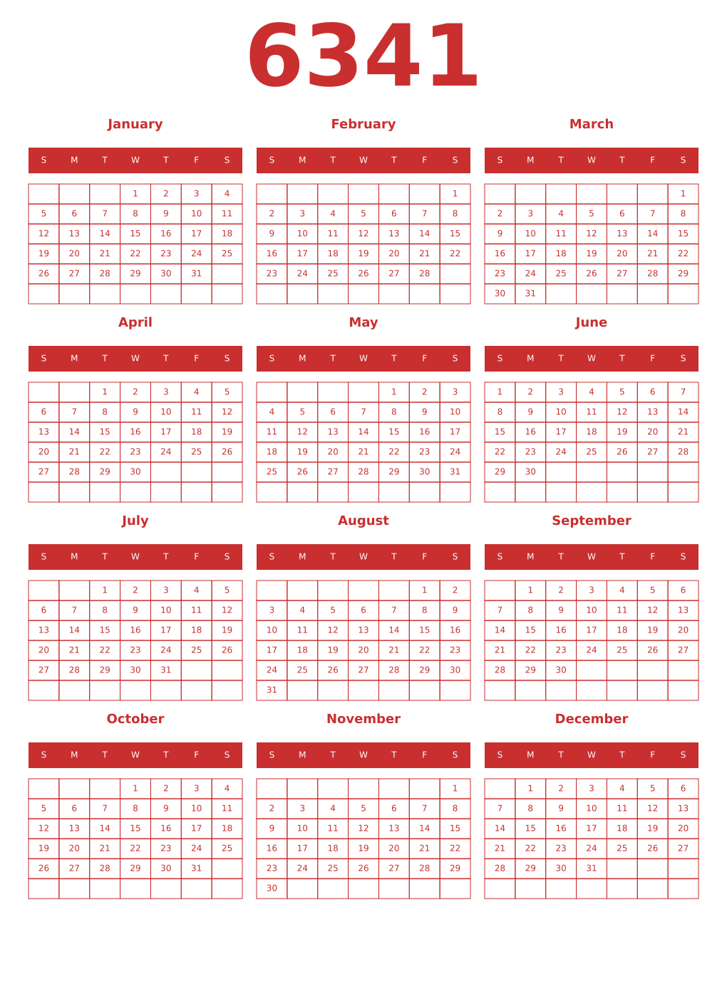 Printable 6341 Year Calendars red