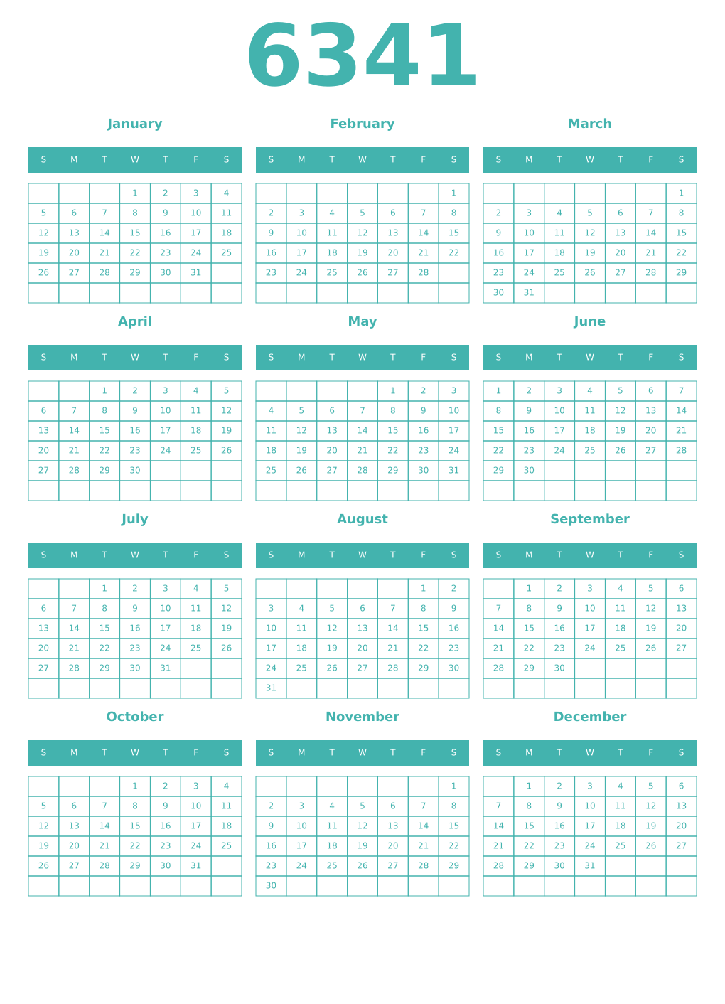Printable 6341 Year Calendars verdigris
