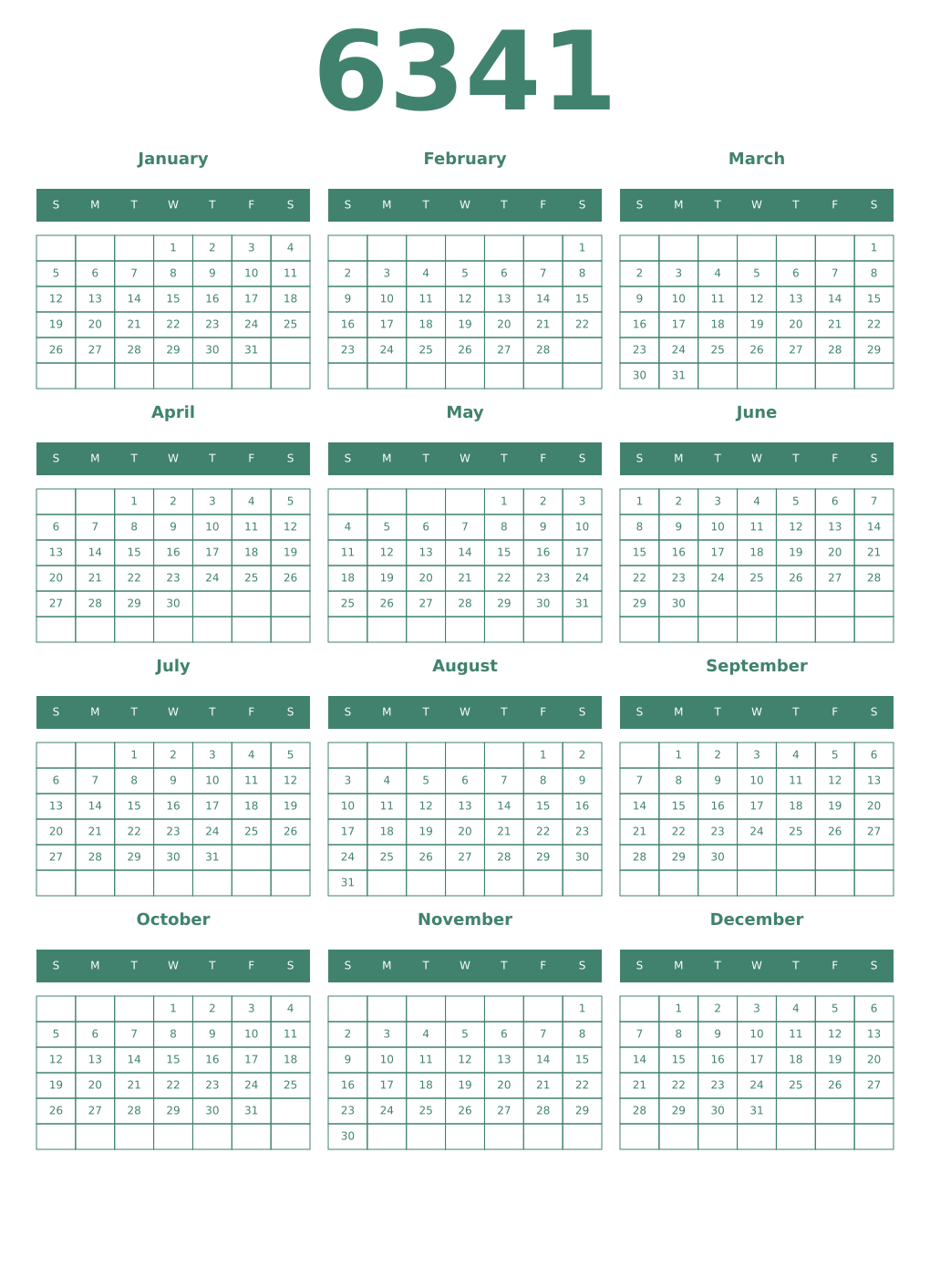 Printable 6341 Year Calendars viridian