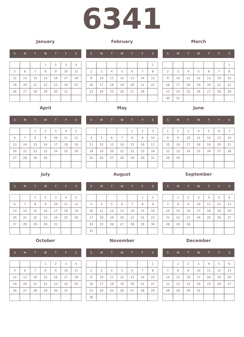 Printable 6341 Year Calendars wenge