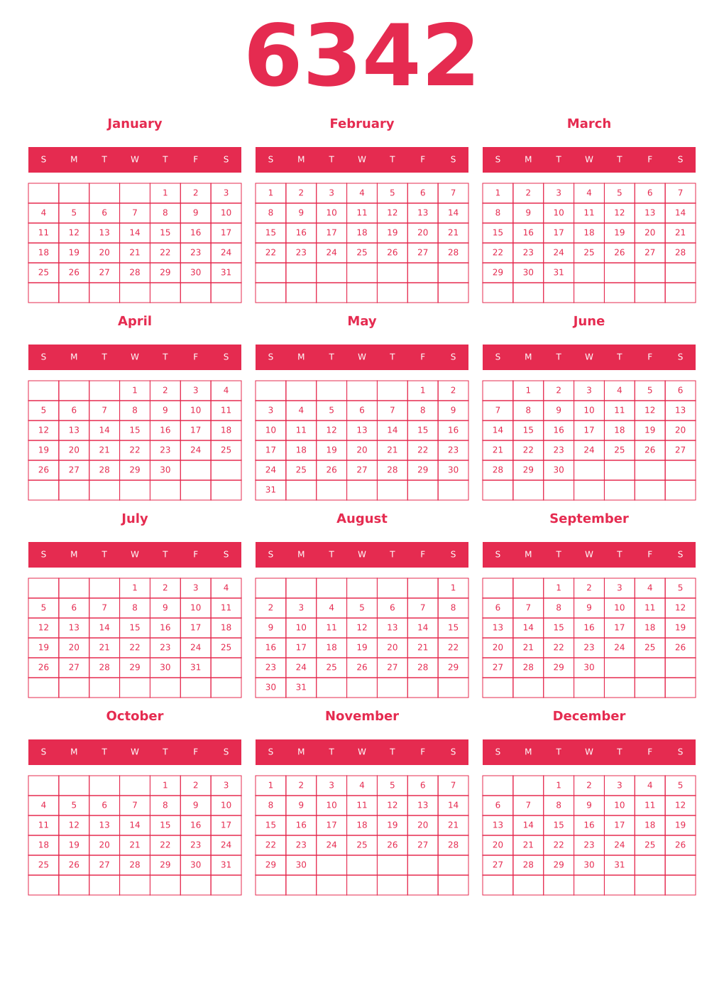Printable 6342 Year Calendars amaranth