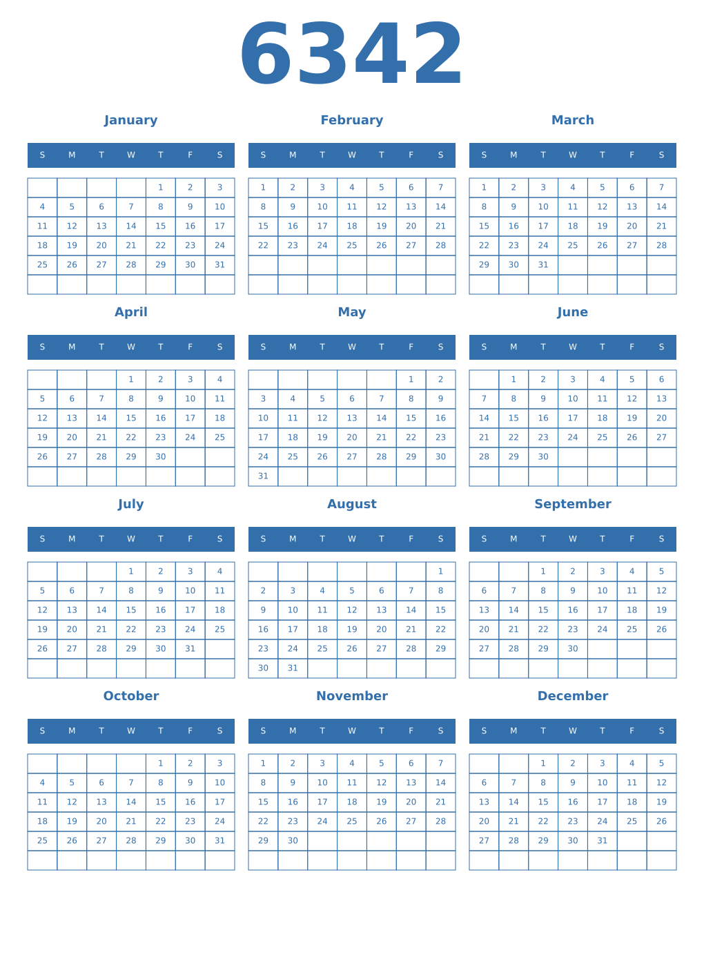 Printable 6342 Year Calendars blue