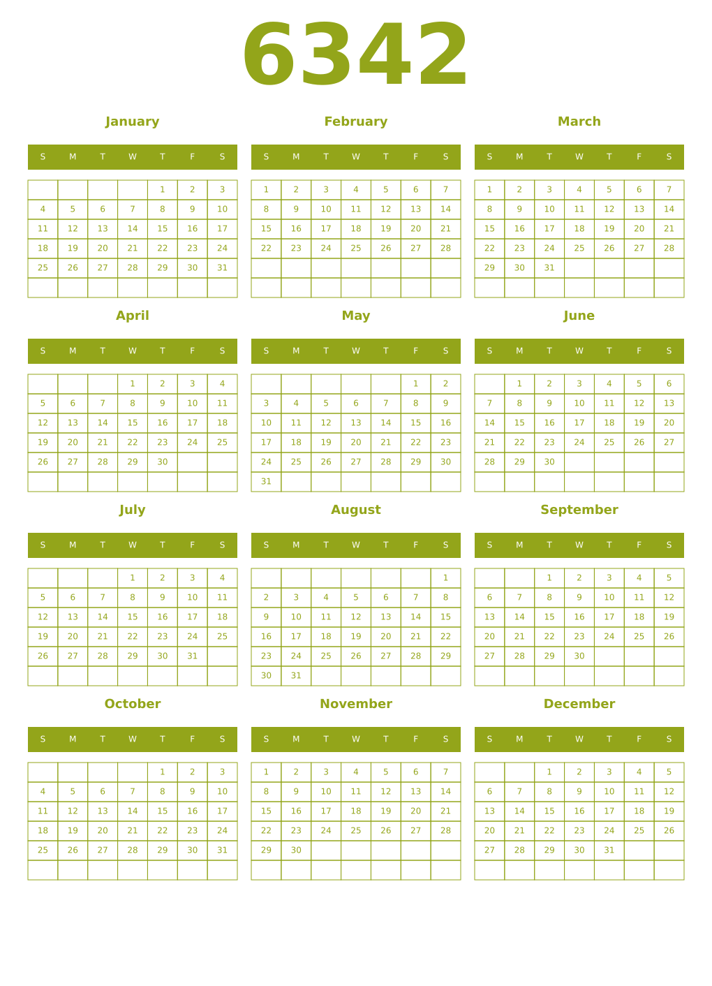 Printable 6342 Year Calendars chartreuse