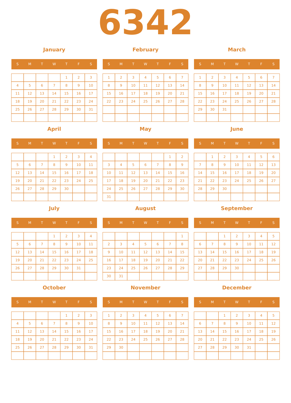 Printable 6342 Year Calendars orange