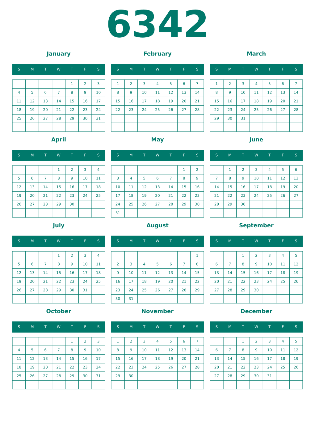 Printable 6342 Year Calendars pastel