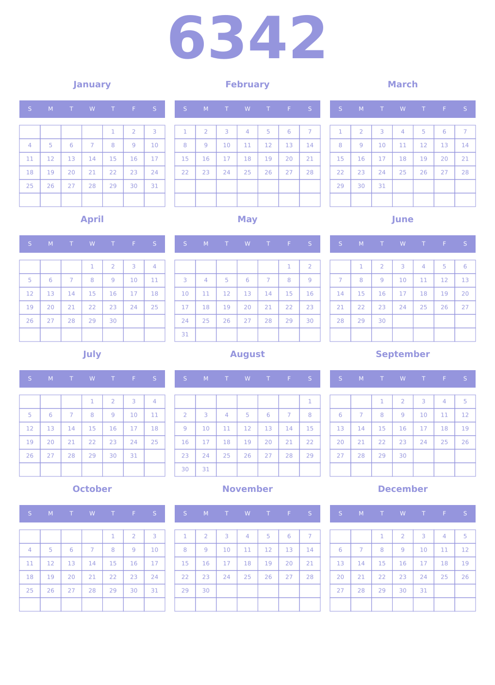 Printable 6342 Year Calendars periwinkle