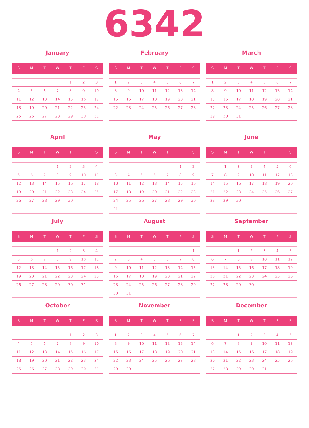 Printable 6342 Year Calendars pink