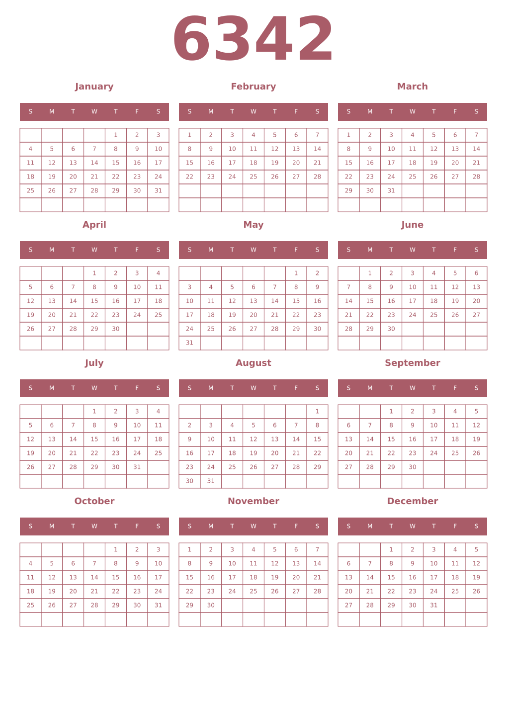 Printable 6342 Year Calendars puce