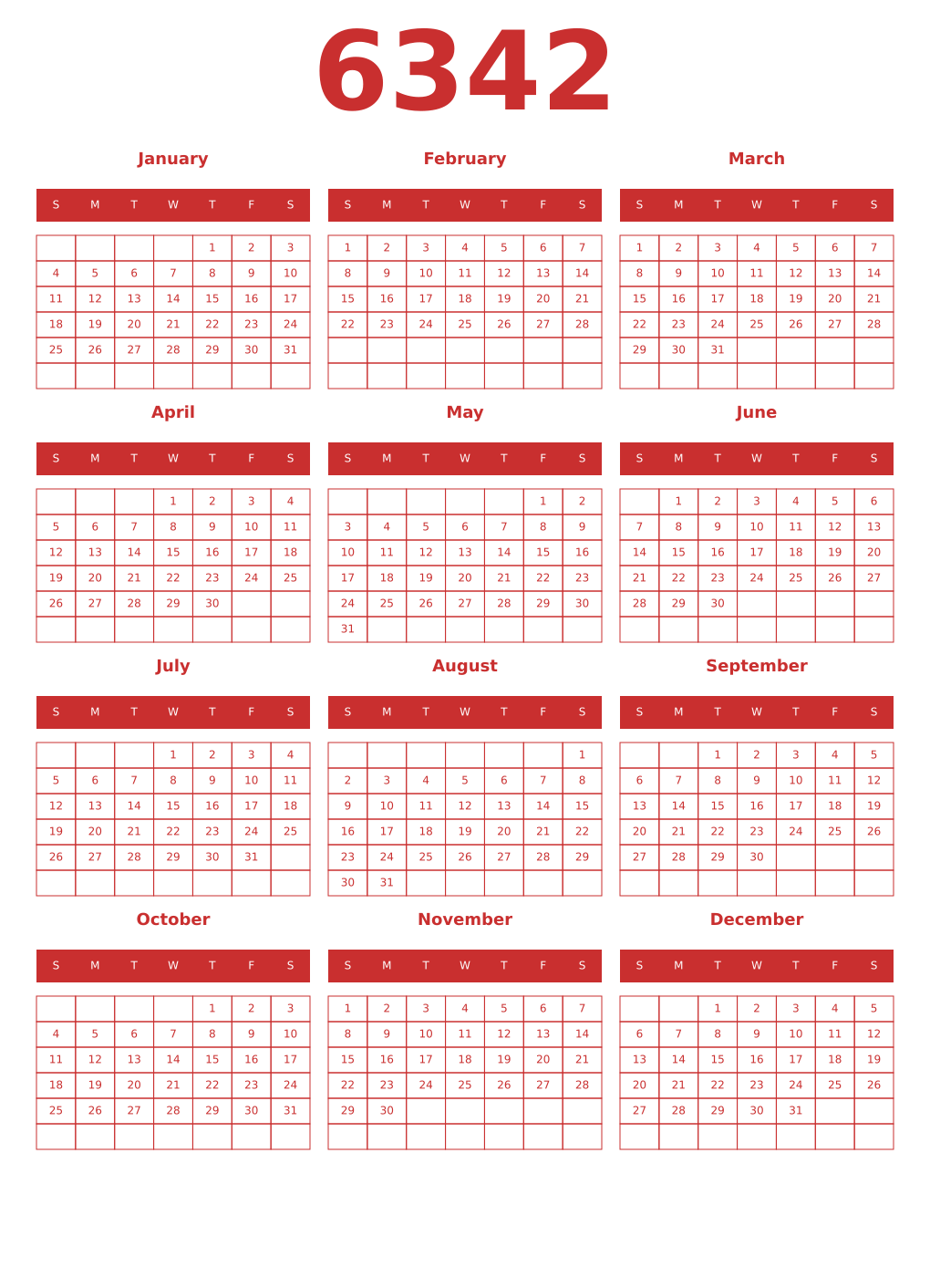 Printable 6342 Year Calendars red
