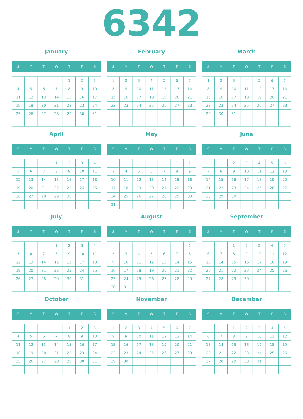 Printable 6342 Year Calendars verdigris
