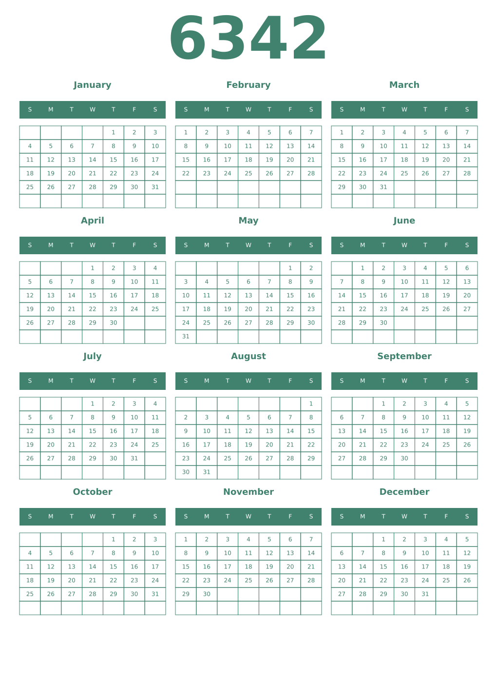 Printable 6342 Year Calendars viridian