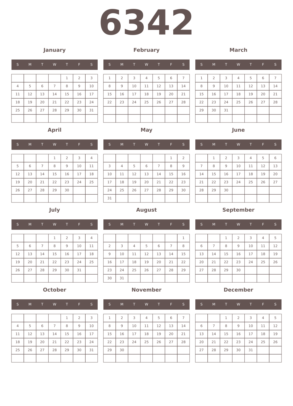 Printable 6342 Year Calendars wenge