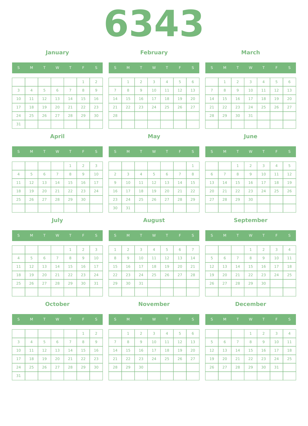 Printable 6343 Year Calendars celadon