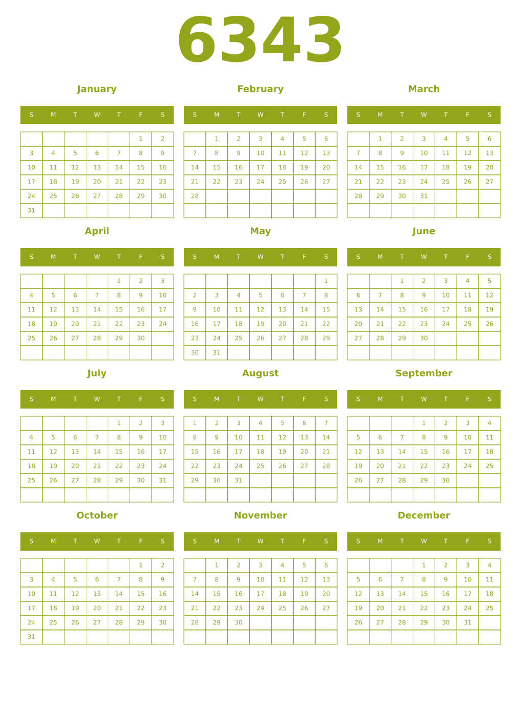 Printable 6343 Year Calendars chartreuse