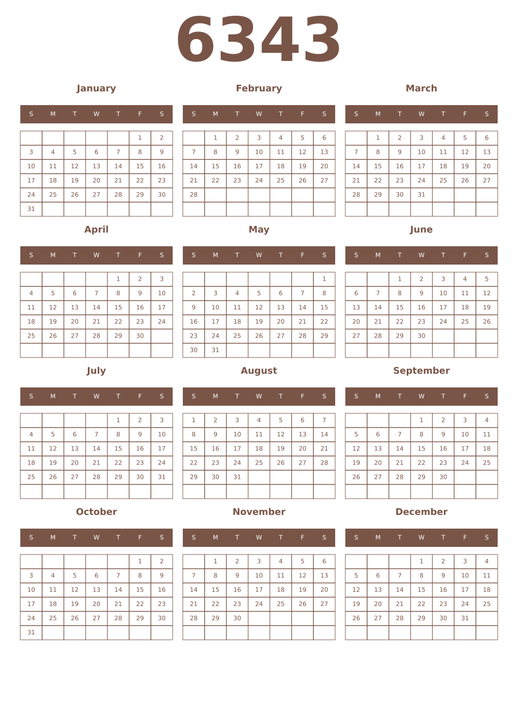 Printable 6343 Year Calendars coffe