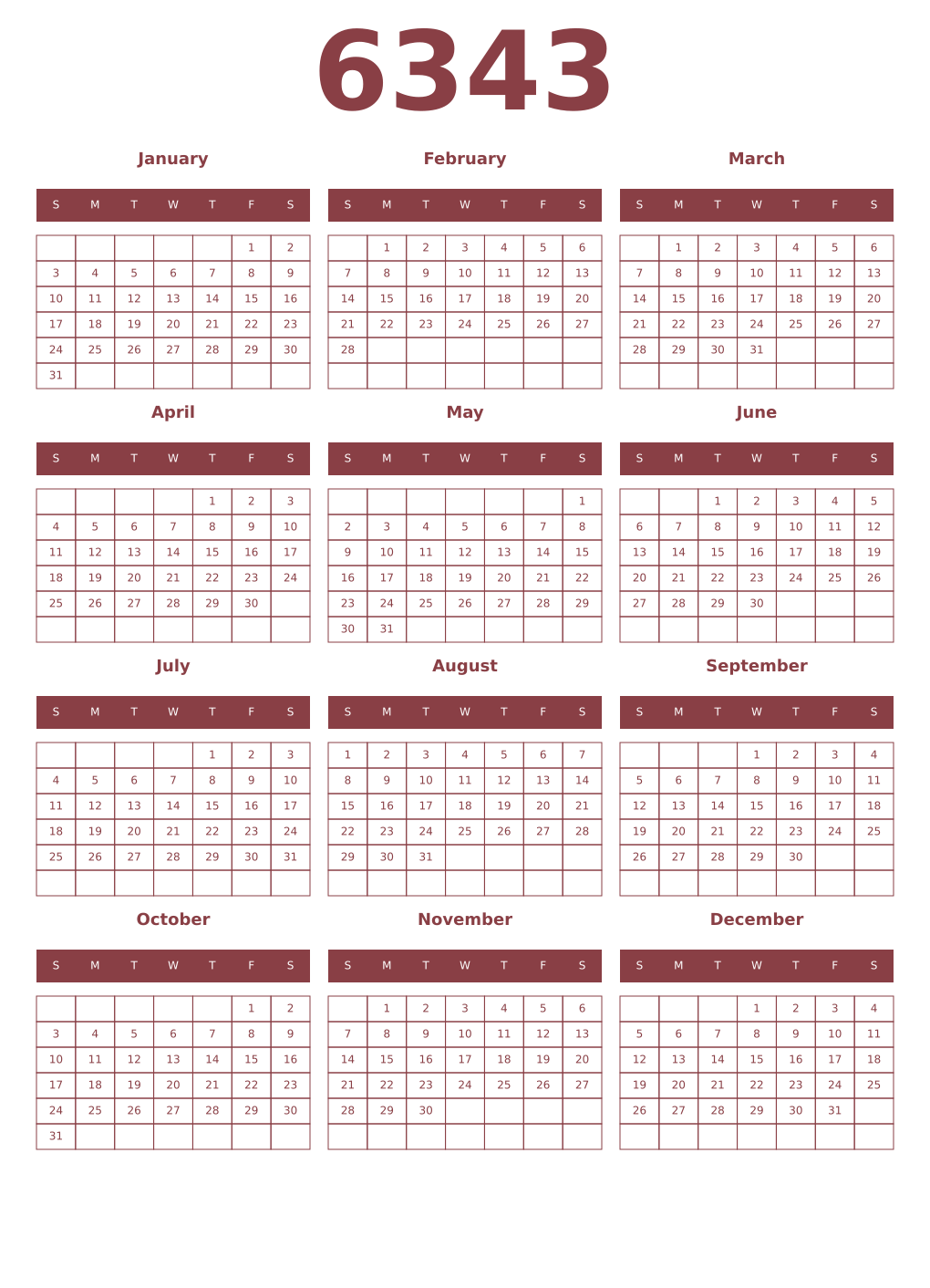 Printable 6343 Year Calendars cordovan